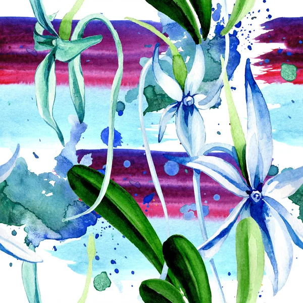 蓝色罕见的兰花 花植物学花 野生的春天叶 水彩插图集 水彩画时尚水族馆隔离 无缝的背景模式 织物壁纸打印纹理 — 图库照片
