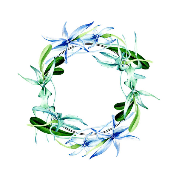 Синяя редкая орхидея. Цветочный ботанический цветок. Дикий весенний цветок изолирован. Набор акварельных фонов. Акварель акварель акварель изолирована. Граничный орнамент
.