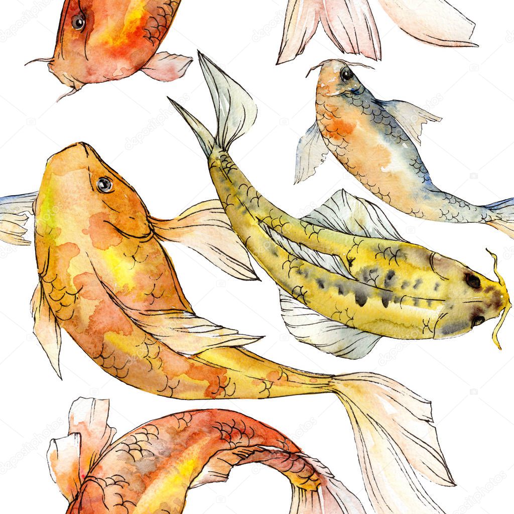 Watercolor aquatic underwater colorful tropical fish set. Red sea and exotic fishes inside: Golden fish. Aquarelle elements for background, texture, wrapper pattern.