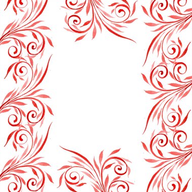 Kırmızı çiçek süsleme swirls ile. Suluboya arka plan illüstrasyon küme. Çerçeve kenarlığı süsleme kopya alanı ile.