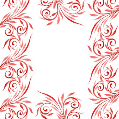 Kırmızı çiçek süsleme swirls ile. Suluboya arka plan illüstrasyon küme. Çerçeve kenarlığı süsleme kopya alanı ile.