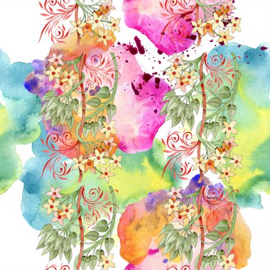 Renkli çiçek botanik süsleme. Suluboya resim kümesi. Sorunsuz arka plan deseni. Kumaş duvar kağıdı yazdırma doku.
