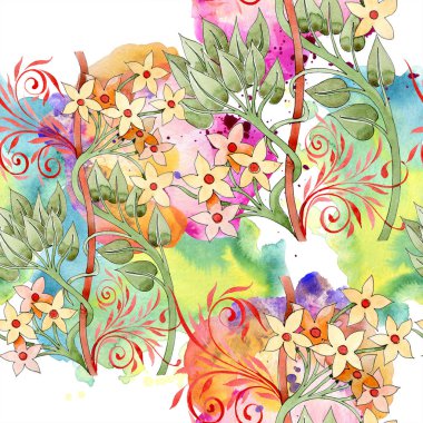 Colorful floral botanical ornament. Watercolor illustration set. Seamless background pattern. Fabric wallpaper print texture. clipart