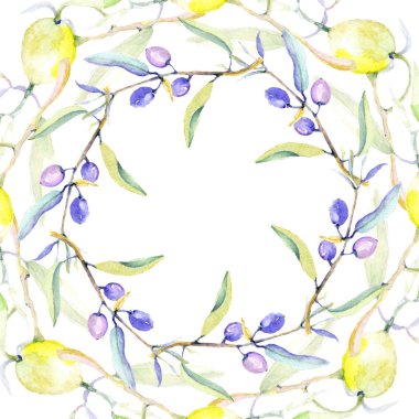 Zeytin suluboya arka plan illüstrasyon ayarlayın. Çerçeve kenarlığı süsleme kopya alanı ile.