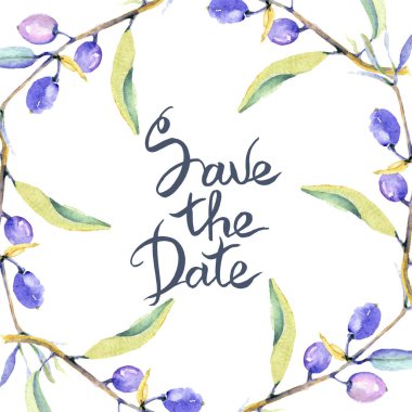 Zeytin suluboya arka plan illüstrasyon ayarlayın. Çerçeve kenarlığı süsleme yazıt ile.