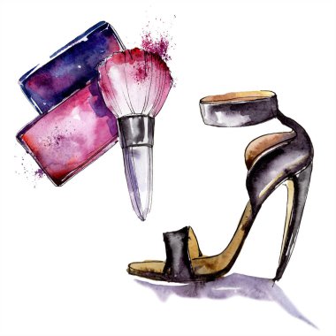 Rouge ve ayakkabı moda glamour illüstrasyon kroki. Giyim aksesuarları trendy moda kıyafet ayarlayın. Suluboya arka plan ayarlamak. Suluboya çizim moda aquarelle. İzole illüstrasyon öğesi.