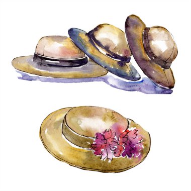 Şapka moda glamour illüstrasyon kroki. Giyim aksesuarları trendy moda kıyafet ayarlayın. Suluboya arka plan ayarlamak. Suluboya çizim moda aquarelle. İzole şapka illüstrasyon öğesi.