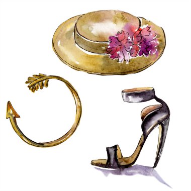 Moda bilezik, şapka ve rouge kroki. Giyim aksesuarları trendy moda kıyafet ayarlayın. Suluboya arka plan ayarlamak. Suluboya çizim moda aquarelle. İzole illüstrasyon öğesi.