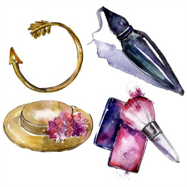 Moda, parfüm, rouge, bilezik ve şapka kroki. Giyim aksesuarları trendy moda kıyafet ayarlayın. Suluboya arka plan ayarlamak. Suluboya çizim moda aquarelle. İzole illüstrasyon öğesi.