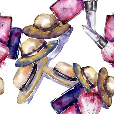 Giyim aksesuar ve kozmetik trendy moda kıyafet ayarlayın. Suluboya arka plan illüstrasyon küme. Suluboya çizim moda aquarelle. Sorunsuz arka plan deseni. Kumaş duvar kağıdı yazdırma doku.