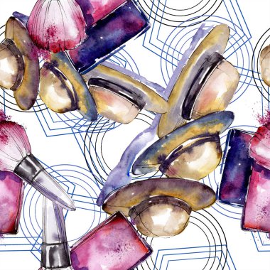 Giyim aksesuar ve kozmetik trendy moda kıyafet ayarlayın. Suluboya arka plan illüstrasyon küme. Suluboya çizim moda aquarelle. Sorunsuz arka plan deseni. Kumaş duvar kağıdı yazdırma doku.
