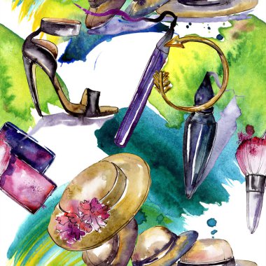 Giyim aksesuar ve kozmetik trendy moda kıyafet ayarlayın. Suluboya arka plan illüstrasyon küme. Suluboya çizim moda aquarelle. Sorunsuz arka plan deseni. Kumaş duvar kağıdı yazdırma doku.