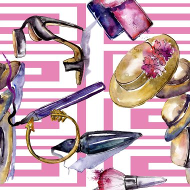 Giyim aksesuar ve kozmetik trendy moda kıyafet ayarlayın. Suluboya arka plan illüstrasyon küme. Suluboya çizim moda aquarelle. Sorunsuz arka plan deseni. Kumaş duvar kağıdı yazdırma doku.
