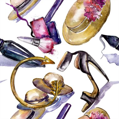 Giyim aksesuar ve kozmetik trendy moda kıyafet ayarlayın. Suluboya arka plan illüstrasyon küme. Suluboya çizim moda aquarelle. Sorunsuz arka plan deseni. Kumaş duvar kağıdı yazdırma doku.