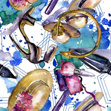 Giyim aksesuar ve kozmetik trendy moda kıyafet ayarlayın. Suluboya arka plan illüstrasyon küme. Suluboya çizim moda aquarelle. Sorunsuz arka plan deseni. Kumaş duvar kağıdı yazdırma doku.