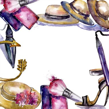 Kozmetik moda glamour illüstrasyon kroki. Giyim aksesuarları trendy moda kıyafet ayarlayın. Suluboya arka plan illüstrasyon küme. Suluboya çizim moda aquarelle. Çerçeve kenarlığı süsleme Meydanı.