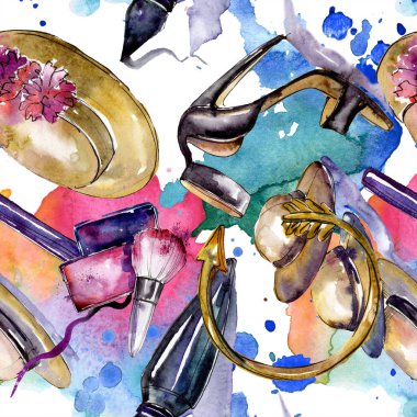 Giyim aksesuar ve kozmetik trendy moda kıyafet ayarlayın. Suluboya arka plan illüstrasyon küme. Suluboya çizim moda aquarelle. Sorunsuz arka plan deseni. Kumaş duvar kağıdı yazdırma doku.