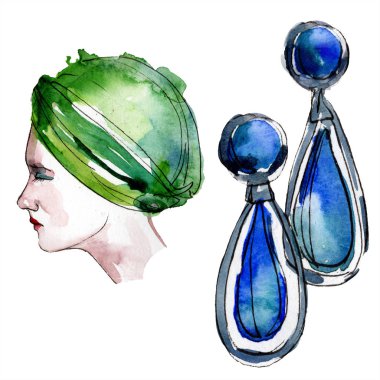 Şapka ve Küpe moda glamour illüstrasyon suluboya tarzında bir eskiz. Giyim aksesuarları trendy moda kıyafet ayarlayın. Aquarelle kroki arka plan için. Suluboya çizim aquarelle izole.
