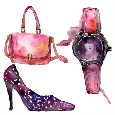 Izlemek, çanta ve ayakkabı kroki moda glamour illüstrasyon suluboya tarzında. Giyim aksesuarları trendy moda kıyafet ayarlayın. Aquarelle kroki arka plan için. Suluboya çizim aquarelle izole.