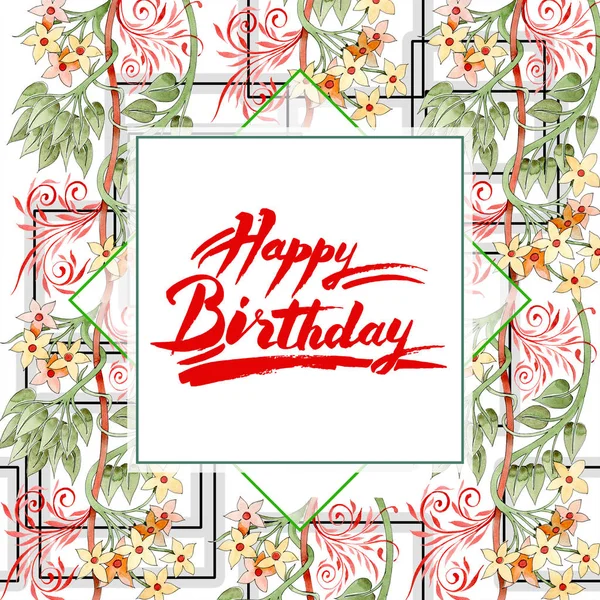 Renkli çiçek botanik süsleme swirls ile. Suluboya arka plan illüstrasyon küme. Çerçeve kenarlığı süsleme yazıt ile.