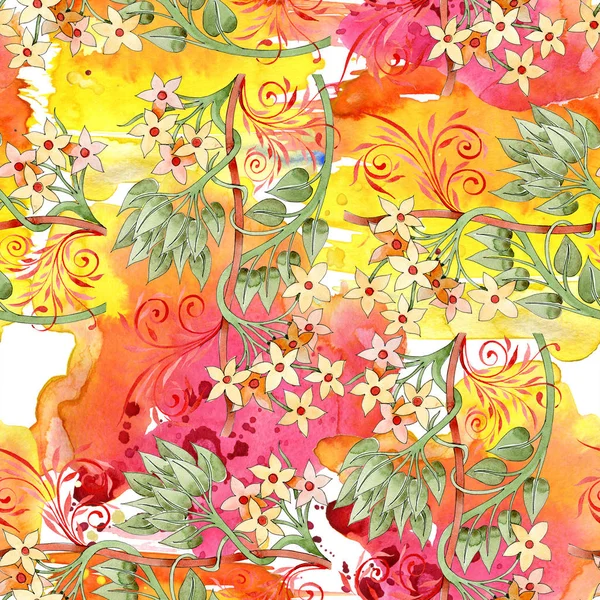 Colorful Floral Botanical Ornament Watercolor Illustration Set Seamless Background Pattern — Stock Photo, Image