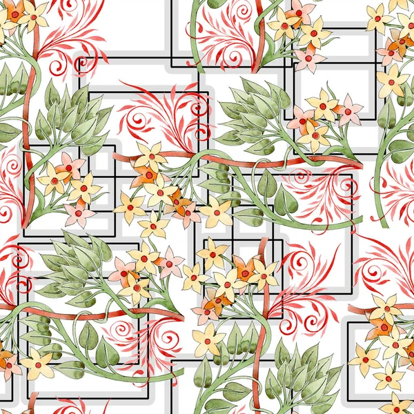 Colorful Floral Botanical Ornament Watercolor Illustration Set Seamless Background Pattern — Stock Photo, Image