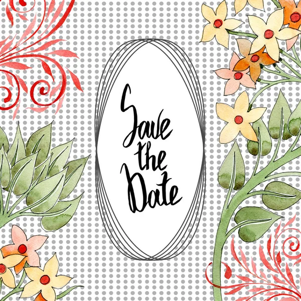 Renkli çiçek botanik süsleme swirls ile. Suluboya arka plan illüstrasyon küme. Çerçeve kenarlığı süsleme yazıt ile.