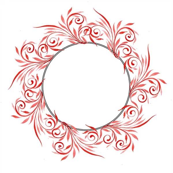 红色花装饰与漩涡 水彩背景插图集 带复制空间的框架边框装饰 — 图库照片