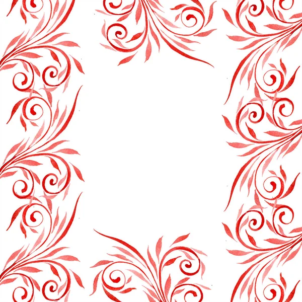 Red floral ornament with swirls. Watercolor background illustration set. Frame border ornament with copy space.