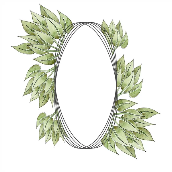 绿色花卉装饰与漩涡 水彩背景插图集 带复制空间的框架边框装饰 — 图库照片