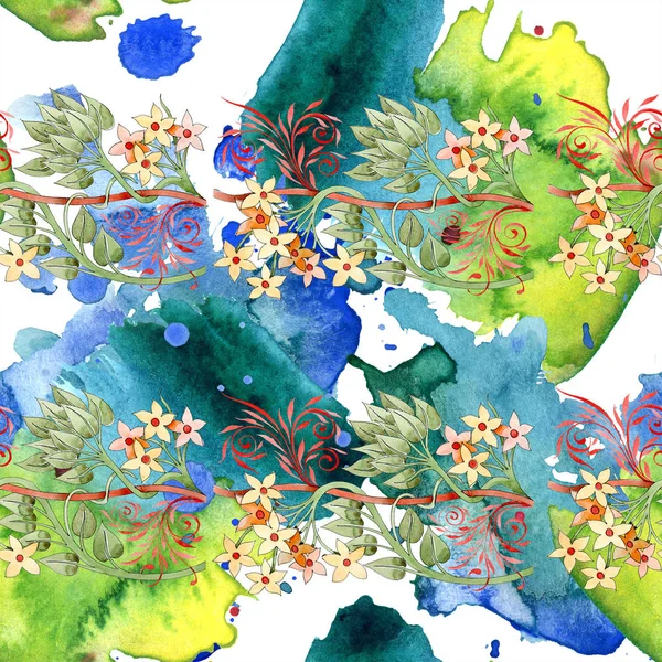 Renkli Çiçek Botanik Süsleme Suluboya Resim Kümesi Sorunsuz Arka Plan — Stok fotoğraf