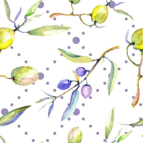 Olives watercolor background illustration set. Seamless background pattern. Fabric wallpaper print texture.