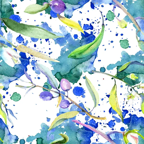 Olives watercolor background illustration set. Seamless background pattern. Fabric wallpaper print texture.