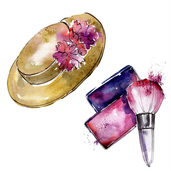 Hat and rouge sketch fashion glamour illustration. Clothes accessories set trendy vogue outfit. Watercolor background set. Watercolour drawing fashion aquarelle. Isolated illustration element.