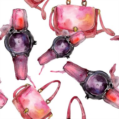 Giyim aksesuarları trendy moda kıyafet ayarlayın. Suluboya arka plan illüstrasyon küme. Suluboya çizim moda aquarelle. Sorunsuz arka plan deseni. Kumaş duvar kağıdı yazdırma doku.