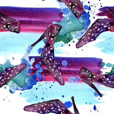 Giyim aksesuarları trendy moda kıyafet ayarlayın. Suluboya arka plan illüstrasyon küme. Suluboya çizim moda aquarelle. Sorunsuz arka plan deseni. Kumaş duvar kağıdı yazdırma doku.