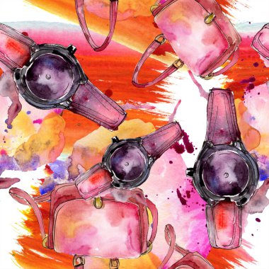 Giyim aksesuarları trendy moda kıyafet ayarlayın. Suluboya arka plan illüstrasyon küme. Suluboya çizim moda aquarelle. Sorunsuz arka plan deseni. Kumaş duvar kağıdı yazdırma doku.