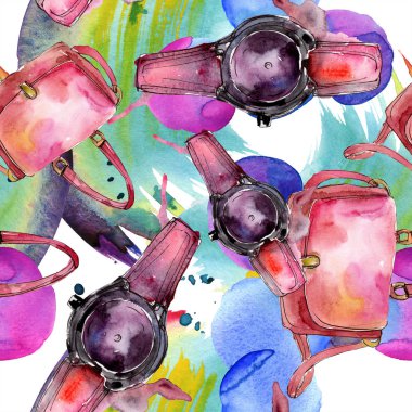 Giyim aksesuarları trendy moda kıyafet ayarlayın. Suluboya arka plan illüstrasyon küme. Suluboya çizim moda aquarelle. Sorunsuz arka plan deseni. Kumaş duvar kağıdı yazdırma doku.