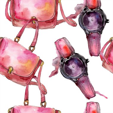 Giyim aksesuarları trendy moda kıyafet ayarlayın. Suluboya arka plan illüstrasyon küme. Suluboya çizim moda aquarelle. Sorunsuz arka plan deseni. Kumaş duvar kağıdı yazdırma doku.