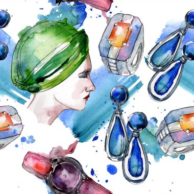 Giyim aksesuarları trendy moda kıyafet ayarlayın. Suluboya arka plan illüstrasyon küme. Suluboya çizim moda aquarelle. Sorunsuz arka plan deseni. Kumaş duvar kağıdı yazdırma doku.