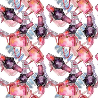 Giyim aksesuarları trendy moda kıyafet ayarlayın. Suluboya arka plan illüstrasyon küme. Suluboya çizim moda aquarelle. Sorunsuz arka plan deseni. Kumaş duvar kağıdı yazdırma doku.