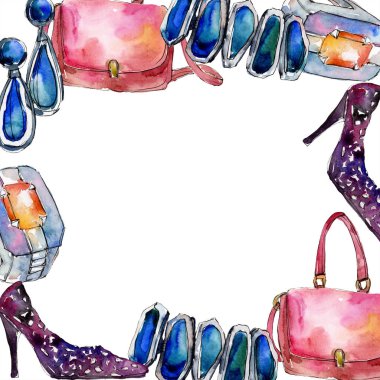 Giyim aksesuarları trendy moda kıyafet ayarlayın. Suluboya arka plan illüstrasyon küme. Suluboya çizim moda aquarelle. Çerçeve kenarlığı süsleme Meydanı.