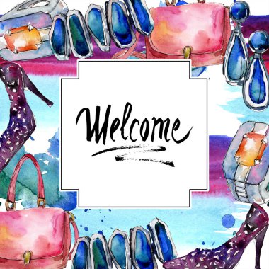 Giyim aksesuarları trendy moda kıyafet ayarlayın. Suluboya arka plan illüstrasyon küme. Suluboya çizim moda aquarelle. Çerçeve kenarlığı süsleme Meydanı.