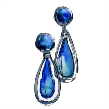 Earrins suluboya tarzında moda glamour illüstrasyon kroki. Giyim aksesuarları trendy moda kıyafet ayarlayın. Aquarelle moda kroki arka plan için. Suluboya çizim aquarelle izole.