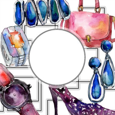 Giyim aksesuarları trendy moda kıyafet ayarlayın. Suluboya arka plan illüstrasyon küme. Suluboya çizim moda aquarelle. Çerçeve kenarlığı süsleme Meydanı.