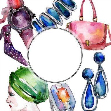Giyim aksesuarları trendy moda kıyafet ayarlayın. Suluboya arka plan illüstrasyon küme. Suluboya çizim moda aquarelle. Çerçeve kenarlığı süsleme Meydanı.