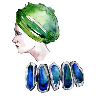 Şapka ve bilezik moda glamour illüstrasyon suluboya tarzında bir eskiz. Giyim aksesuarları trendy moda kıyafet ayarlayın. Aquarelle kroki arka plan için. Suluboya çizim aquarelle izole.