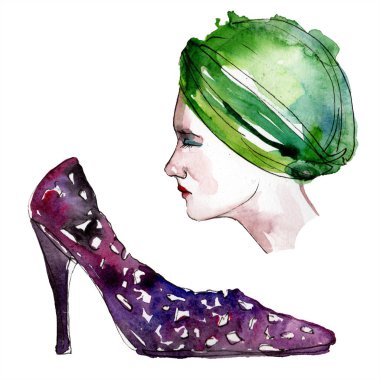 Şapka ve ayakkabı moda glamour illüstrasyon suluboya tarzında bir eskiz. Giyim aksesuarları trendy moda kıyafet ayarlayın. Aquarelle moda kroki arka plan için. Suluboya çizim aquarelle izole.