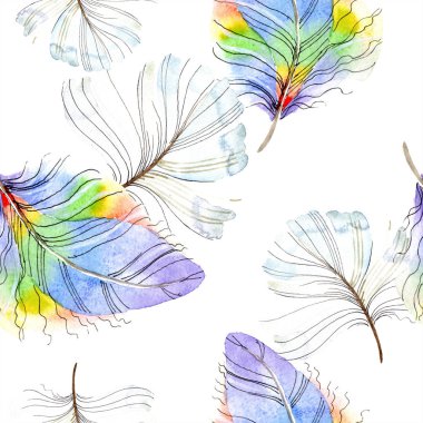 Renkli kuş tüyü izole Wing. Suluboya arka plan illüstrasyon küme. Suluboya çizim moda aquarelle izole. Sorunsuz arka plan deseni. Kumaş duvar kağıdı yazdırma doku.