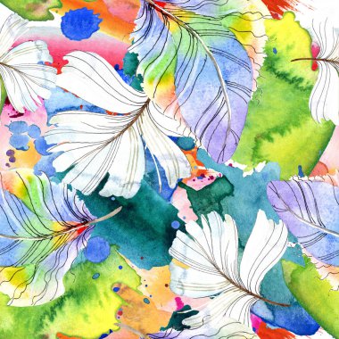 Colorful bird feather from wing isolated. Watercolor background illustration set. Watercolour drawing fashion aquarelle isolated. Seamless background pattern. Fabric wallpaper print texture. clipart
